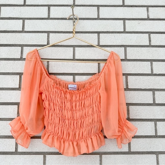 Urban Outfitters Sierra Smocked Sheer Puff Sleeve Crop Top M Peach Cottagecore - Picture 3 of 13